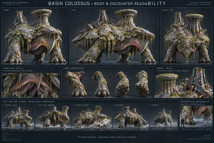 An enormous low-bodied quadruped proposal with asymmetric filter towers and relay fragments, linking distant ecology to an optional combined-arms encounter.