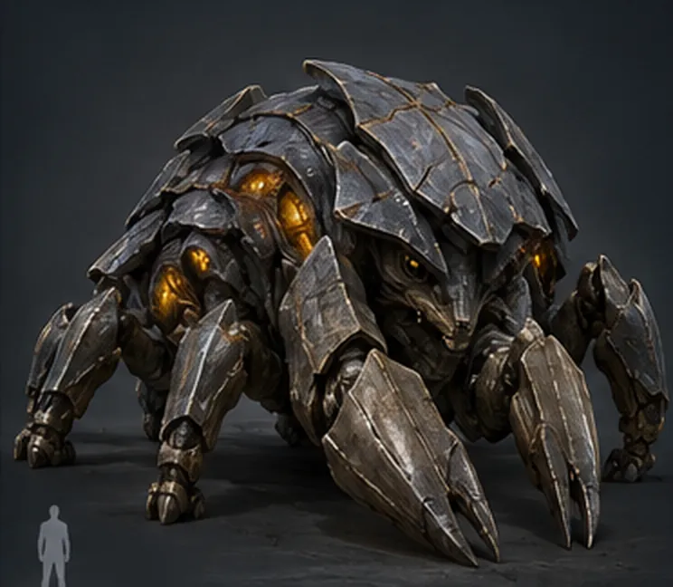 A squat six-limbed creature with a plated shell, shovel forelimbs and glowing vents