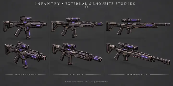Three original fictional sci-fi prop forms explore external infantry silhouettes and material language. The study shows surfaces, not assembly or internal mechanisms.