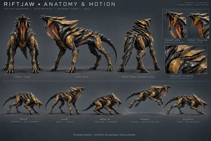 An athletic quadruped predator candidate with angular shoulders, a resonator throat and an intended stalk–pounce–recover rhythm.