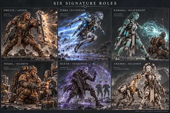 Anchor, Riftstrider, Pulsewright, Rigsmith, Veilrunner and Reclaimer express the preserved humanoid identities through their signature roles.
