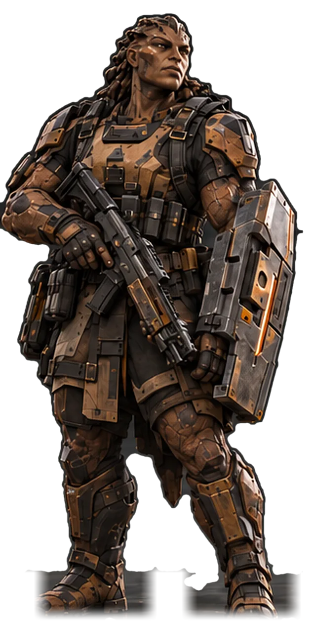 Oruun Anchor concept: a broad, mineral-skinned soldier carrying a rifle and a shield slab