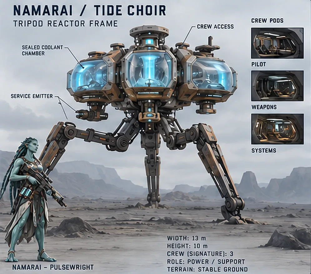 Tide Choir concept sheet: a three-legged frame carrying glowing coolant chambers beside a Namarai soldier for scale