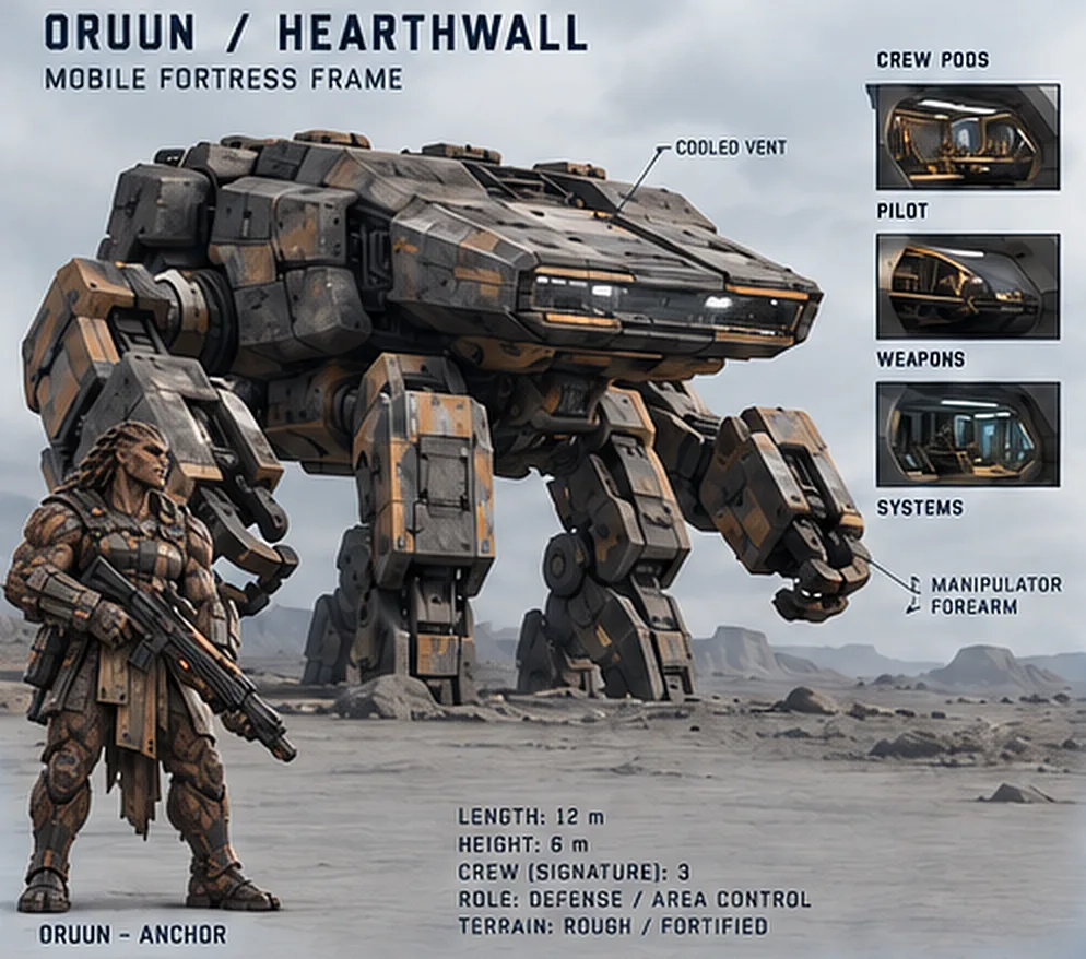Hearthwall concept sheet: a broad four-legged fortress walker beside an Oruun soldier for scale