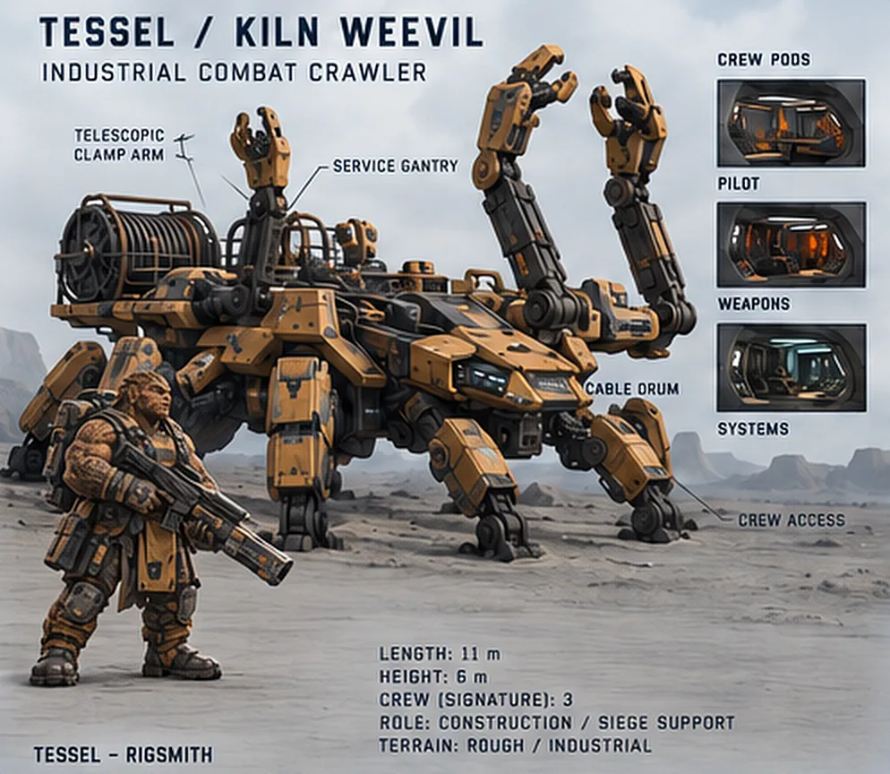 Kiln Weevil concept sheet: a low six-legged crawler with clamp arms and a cable drum beside a Tessel engineer for scale